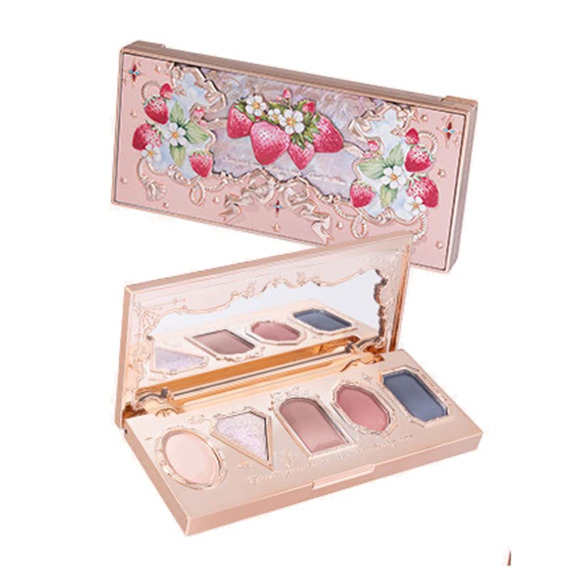 1PC Huazhixiao 5 Colors Strawberry Rococo Shimmer Matte Eyeshadow Palette, Super Pigmented Shimmer Makeup Creamy Eyeshadow Palette (04#) - 04#