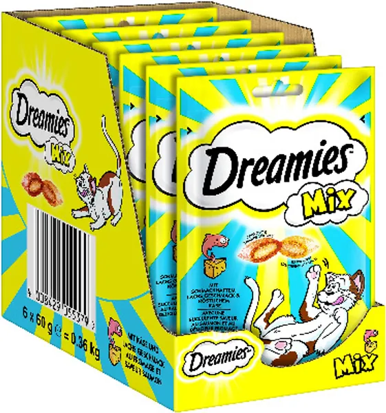 Dreamies Mix Katzensnacks mit Lachs Geschmack & Käse – Außen knusprig & innen cremig – 6 x 60g