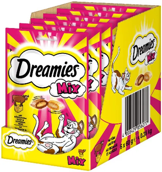 Dreamies Mix Katzensnacks mit Rind & Käse – Außen knusprig & innen cremig – 6 x 60g