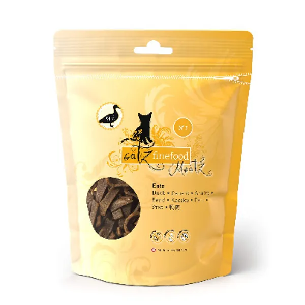 catz finefood Meatz Katzen Leckerlies Ente N° 7 - knusprig gegrillte Streifen aus Entenfleisch - mit Aloe Vera für die Darmflora - Katzensnack ohne Zucker, getreidefrei, 45g