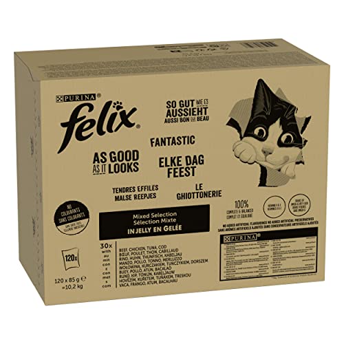 FELIX Katzenfutter nass in Gelee, Sorten-Mix, 120er Pack (120 x 85g) - So gut wie es aussieht mit Kabeljau - 10.2 kg (1er Pack)