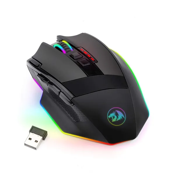Redragon M801 Gaming Mouse LED RGB Backlit MMO 9 Programmable Buttons Mouse with Macro Recording Side Buttons Rapid Fire Button 16000 DPI for Windows PC Gamer (Wireless, Black) - Black Wireless