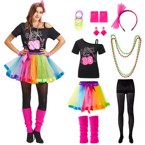 Churgigi Deguisement Annee 80 Femme et Enfant, Tenue Fluo Tutu Adulte Costume Année 80, Déguisement Année 80 90 Couple avec Accessoire Annees 80