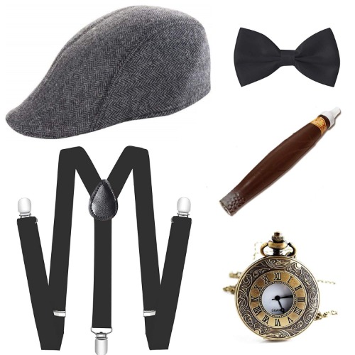 E EBETA Années 1920 Hommes Déguisements Accessoires, Flapper Accessoire Gatsby Costume Année 20 avec Chapeau Bretelles à Dos en Y Homme Faux Cigare Montre de Poche Vintage (A)