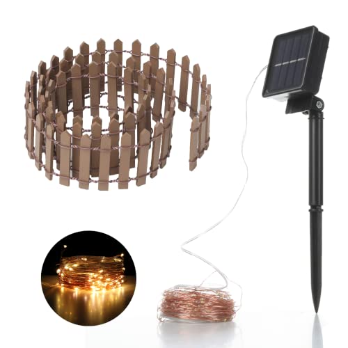 Robkea, 36 Inch Mini Fence Fairy Garden Fence & Waterproof LED 40FT 100 LED Solar String Lights with 8 Lighting Modes | Fairy Garden Accessories Outdoor(Brown) - Brown