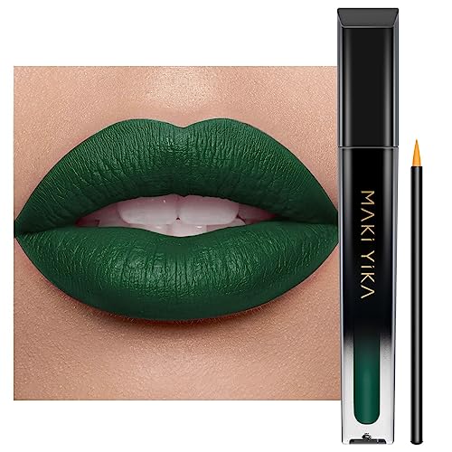 MAKI YIKA Green Lipstick Matte, Dark Green Liquid Lipstick Long Lasting Smudge Proof Lipstick with Brush for Halloween, Cruelty Free Lipstick, FORBIDDEN FOREST - FORBIDDEN FOREST