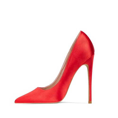 Elisabet Tang High Heels Womens Pointed Toe Heels Satin Pumps Stiletto Bridal Party Dress Evening Wedding Shoes for Woman - 9.5 - Red