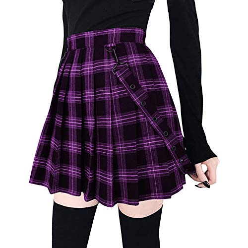 chouyatou Women's Cool Sweet A-Line Decorative Strap Plaid Pleated Mini Skirt - Medium - Purple