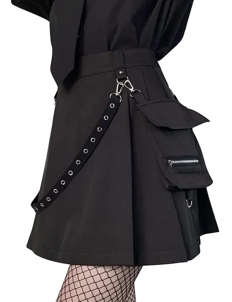 Ruolai Goth Black Pleated Mini Skirt with Chain High Waisted Tennis Skirt - Black Medium