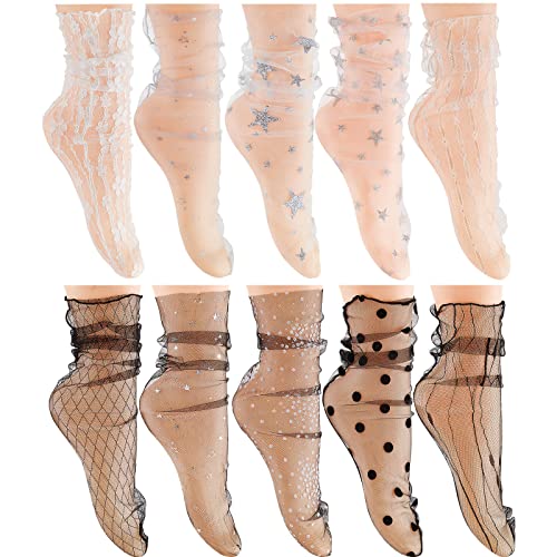 10 Pairs Mesh Lace Sheer Shiny Socks Decorated Slouch Ankle Mesh Socks See Through Glitter Tulle Socks for Women Girls Dress