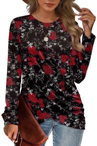 Jescakoo Womens Long Sleeve Tops Twist Front Tunic Tops To Wear With Leggings Crewneck - 04s-black Flower X-Large