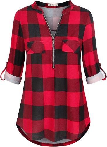 Moyabo Women's 3/4 Cuffed Sleeve Zipped V Neck Plaid Tunic Shirt Blouses - Black & Red Plaid X-Large