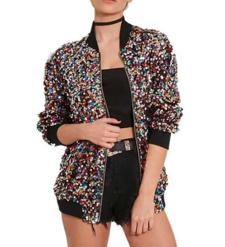 Cresay Women's Sequin Fitted Long Sleeve Zipper Blazer Bomber Jacket - X-Large Colour Sequins