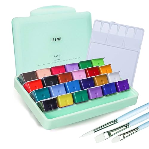 HIMI Gouache Paint Set, 24 Colors x 30g Unique Jelly Cup Design with 3 PSC Paint Brushes,Portable Case with Palette for Artists, Beginners or Professionals(Green Case) - Green