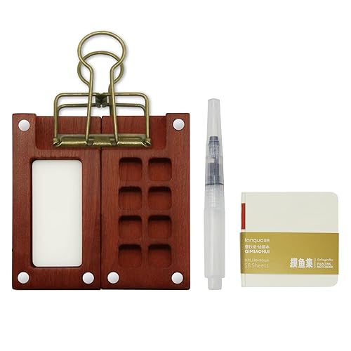 8 Grid Miniature Watercolor Painting Palette Kit, Wood Pocket Artist Watercolor Travel Set Portable Watercolor Palette Box Kit with Brush Clip Sketchbook, Travel Watercolor Palette Set for Painters