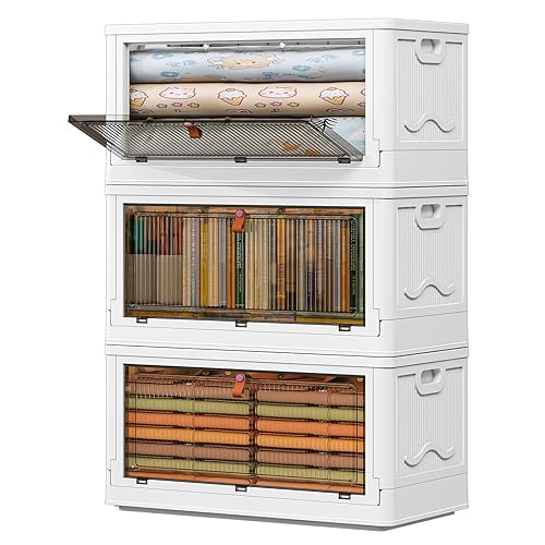 YFXCVSL 3 Tier Storage Bins with Lids 103QT - Stackable Storage Containers with Wheels, Folding Storage Boxes, Stackable Storage Bins, Closet Organizers and Storage for Living Room,Office - White - 3-Tier 102QT(3 Lids)