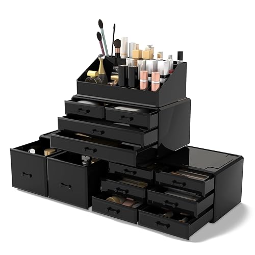 READAEER Makeup Cosmetic Organizer Storage Drawers Display Boxes Case with 12 Drawers (Black) - Black