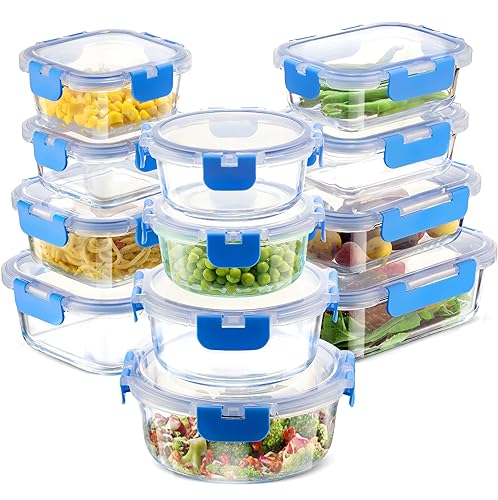 FineDine 24 Piece Glass Storage Containers with Lids - Leak Proof, Dishwasher Safe Glass Food Storage Containers for Meal Prep or Leftovers, Blue - Blue - 24 Piece