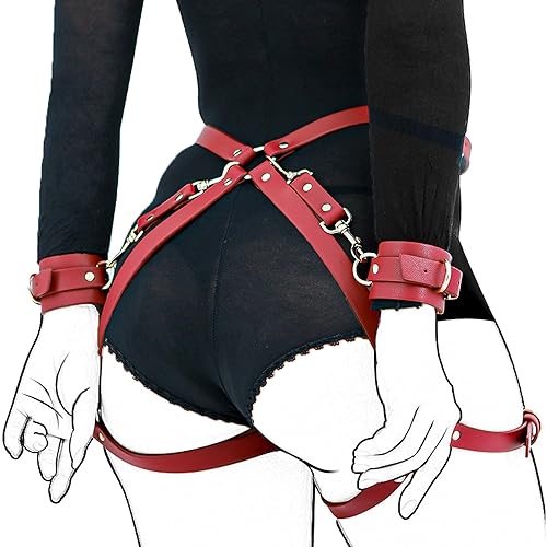 Xocity Sex Bondage BDSM Kit Restraints Set for Couple, Fashion Sex Toys for Women with 2 Wrists Cuffs and Thigh Waist Straps, SM Cortex Sex Cuffs Set Sex harness for Women(Red)