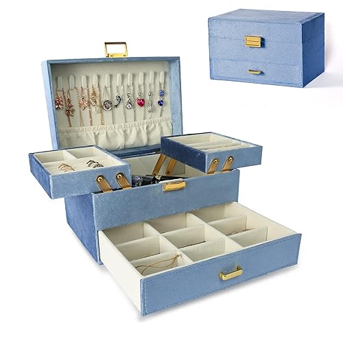 Dajasan Velvet Jewelry Boxes for Women Girls, Jewelry Organizer Box, Jewelry Storage Organizer for Rings Necklaces Bracelets Watch Earring (Blue) - Blue