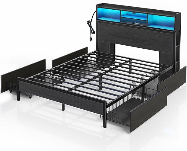 Rolanstar Queen Bed Frame with Storage Headboard, Metal Platform Charging Station, LED 4 Drawers, Bookcase Storage, No Box Spring Needed, Easy Assembly, Noise-Free, Black - Black - Queen