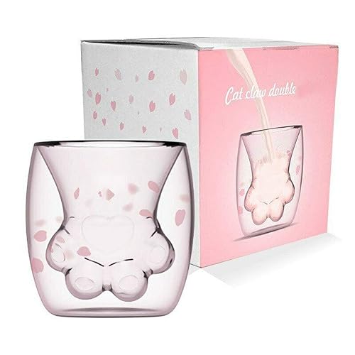 YTONGS Cute Cat Mugs - Cat Paw Cups Adorable Sakura Cup, Double Wall Coffee Mugs, 3D Cat Foot Glass Cups for Milk Tea, Delicate Japanese Style Sakura Sparks Claw Cup