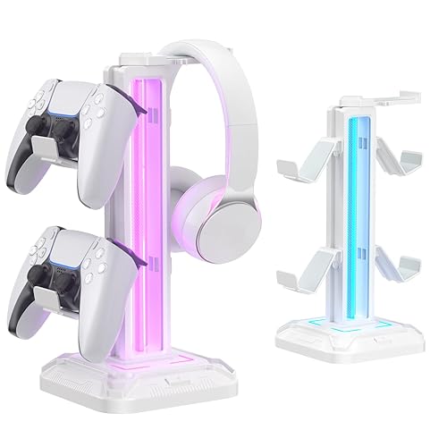 KDD Headset Stand with 9 Light Modes - Gaming Controller Holder for Desk - Rotatable Headphone Stand & Detachable Controller Hook for Gamer Gaming PC Xbox ONE PS5 Earphone Accessories(White) - White
