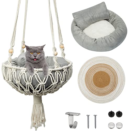 Juexica 3 Pcs Macrame Cat Hammock, Including Boho Hanging Cat Bed Cat Scratcher Cat Scratch Pad Cat Swing Hanging Cat Window Perch for Small Cat Small Dog (Cute Style,40 x 12 Inch) - 40 x 12 Inch - Cute Style