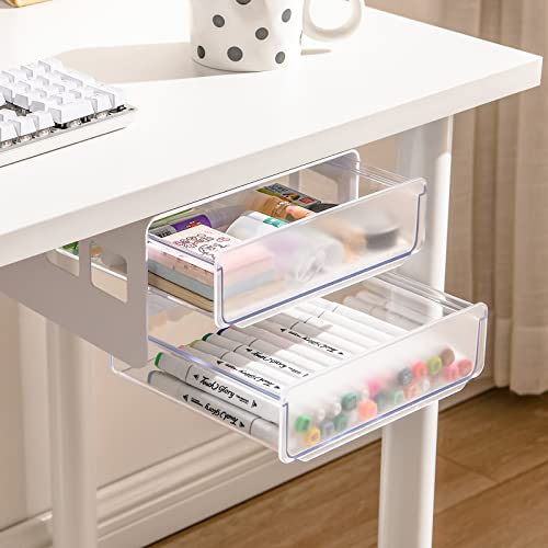 ZHAIXIAONIAN Under Desk Drawer Organizer Slide Out, Storage with 2 Layers, Self Adhesive Drawer, Organizers and Accessories, Stick on Table for Office/Home - White