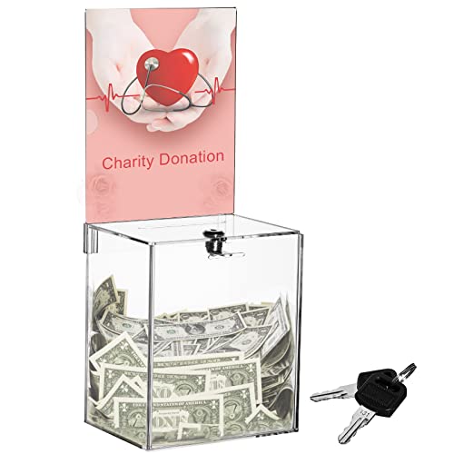 Tall Acrylic Donation Box with Lock and Sign Holder