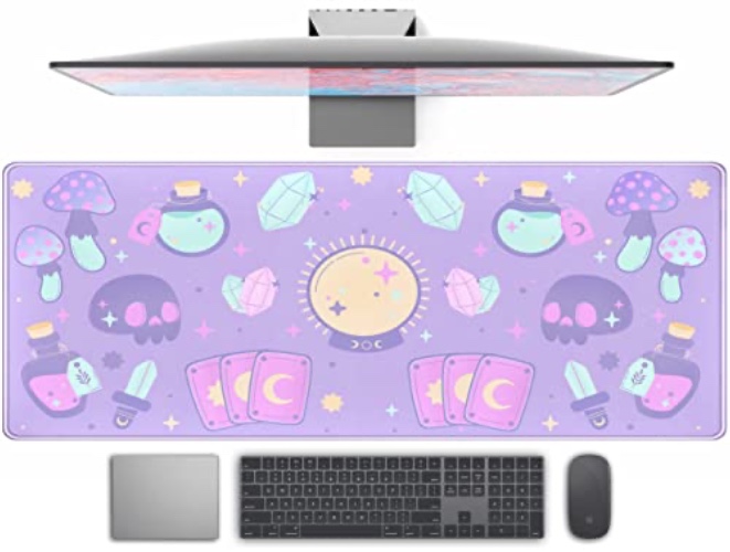 Cute Anime Pastel Purple Desk Mat Kawaii Cool Magic Mushroom XL Gaming Mouse Pad Laptop Keyboard Mats for Women Office Desk Decor Pad 31.5x11.8 in Stitched Edges with Non-Slip Rubber Base Mousepad - Pastel Purple Crystal