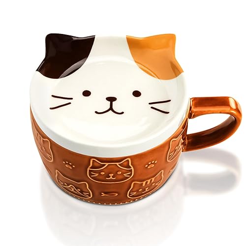 YLOKO Cute Ceramic Cat Mugs with Lid, Novelty Japanese Tea Cups, Pusheen Kawaii Coffee Mug for Cat Lovers Women Girls Kids Birthday Gift 10oz(Yellow）