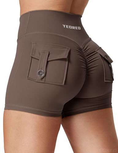 YEOREO Scrunch Workout Shorts with Pockets Women Charm Gym Biker Shorts for Women High Waist Butt Lifting Yoga Shorts - Coffee - Small