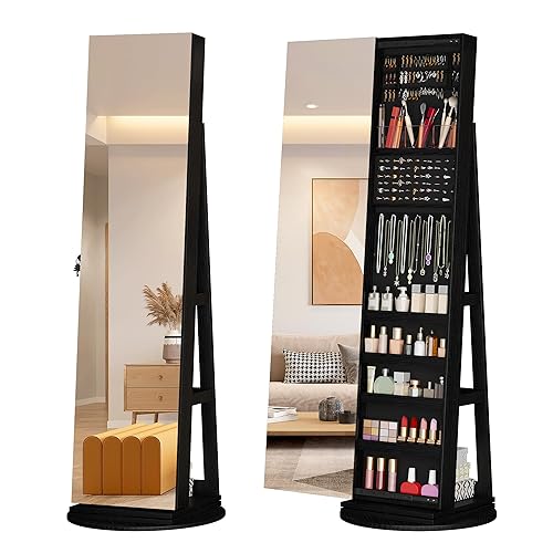 LVSOMT 360° Swivel Jewelry Mirror Cabinet, Standing Jewelry Armoire Organizer, 63" Rotatable Full Length Mirror with Jewelry Storage, Lockable with Back Storage Shelve (Black) - Black