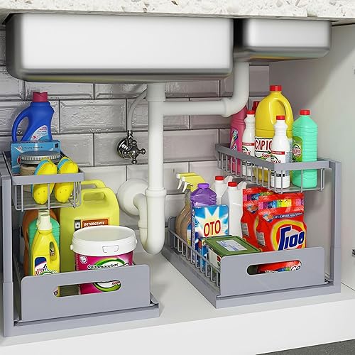 REALINN Under Sink Organizer, Pull Out Cabinet Organizer 2 Tier Slide Out Sink Shelf Cabinet Storage Shelves, Under Sink Storage for Kitchen Bathroom Cabinet, Gray, 2 Pack - Grey - 2 Pack