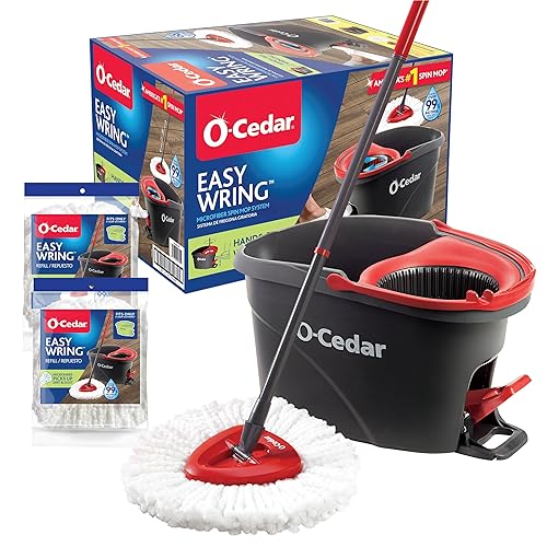 O-Cedar EasyWring Microfiber Spin Mop & Bucket Floor Cleaning System + 2 Extra Refills, Red/Gray - Spin Mop & Bucket with 2 Extra Refills - Cleaning System
