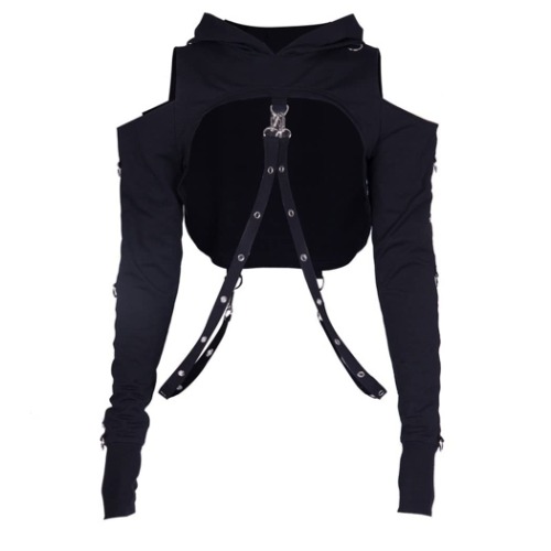 Goth Crop Top Hoodies For Women Hoodie Aesthetic Punk Black Sweatshirt Rave Outfit Emo Teen Girls Long Sleeve - Black Hollow Out Hoodie Medium