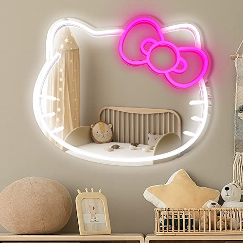 COLORNEON Bedroom Wall Mirror, Anime Hello Kit Cat Neon Sign for Dresser, Locker Room, Living Room, Kid Room, Hallway Neon Light up Mirror with Dimmable LED Strip Light for Children's Day Gift 41x36cm - Hello Kit Cat Neon Sign
