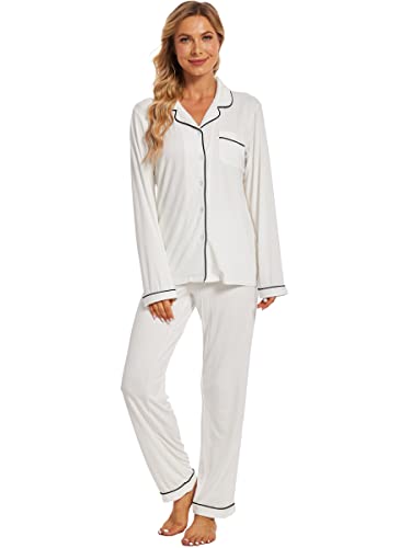 Yoolfine Button Up Pajamas for Women Long Sleeve Sleepwear Soft Loungewear Ladies Pjs Set XS-XXL - Small - White