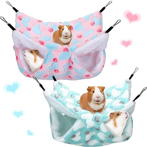Boao 2 Pcs Guinea Pig Rat Hammock Guinea Pig Hamster Ferret Hanging Hammock Guinea Pig Accessories for Small Animals Chinchilla Parrot Sugar Glider Ferret Squirrel (Blue, Pink, Heart Pattern) - Blue, Pink - Hearts