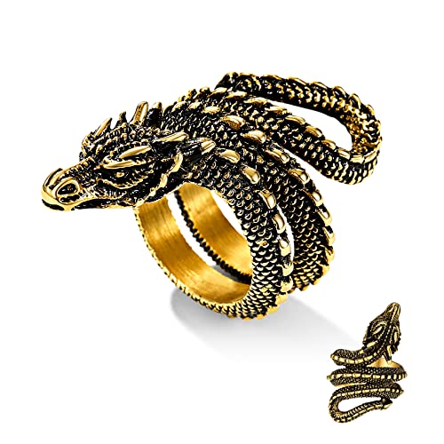 Bestyle Punk Gothic Snake Rings for Men Women, Stainless Steel/Gold/Black Serpent Finger Wrap Ring, Cool Statement Biker Rings Retro Costumes Jewelry, Size #7-#12 - 03.Gold--Dragon Wrap - 8