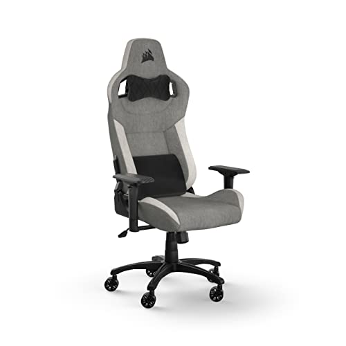Corsair T3 RUSH Fabric Silla para juegos (2023), Diseño Inspirado en Las Carreras, Exterior de Tela Suave, Almohada Cervical Acolchada y Soporte Lumbar de Espuma Viscoelástica, Gris y Blanco - Gris Y Blanco - Versión (2023)