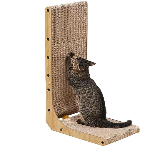 FUKUMARU Kratzbrett Katzen, 68 cm hohe L förmige Kratzpappe für Katzen, widerstandsfähig Katzenkratzbrett mit Ballspielzeug, Katzen Kratzmöbel aus hochwertiger Karton für Wand und Ecke, Groß - Large