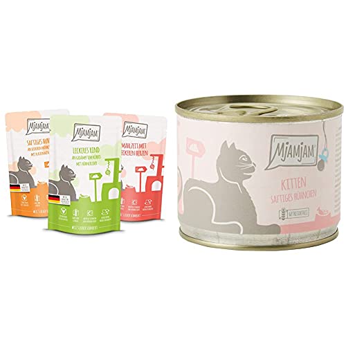MjAMjAM - Premium Nassfutter für Katzen - Mixpaket 1 - Huhn, Rind, Herzen, 12er Pack (12 x 125 g) & Premium Nassfutter für Katzen - Kitten saftiges Hühnchen mit Lachsöl, 6er Pack (6 x 200 g) - Bundle mit Nassfutter für Katzen,Hühnchen