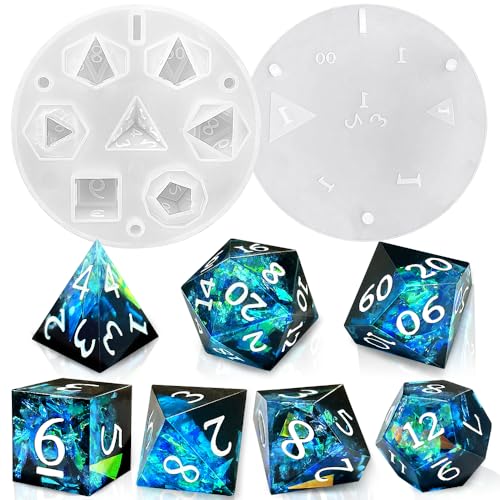 RESINWORLD 7 Piece Sharp Edge Polyhedral Dice Mold, DND Dice Resin Molds for Board Games, Silicone Molds for Resin Dice Making - 4.01 inches