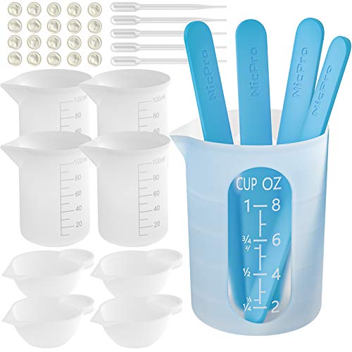 Silicone Resin Measuring Cups Tool Kit- Nicpro 250 & 100 ml Measure Cups, Silicone Popsicle Stir Sticks, Pipettes, Finger Cots for Epoxy Resin Mixing, Molds, Jewelry Making, Waxing, Easy Clean - White - 250ml+100ml