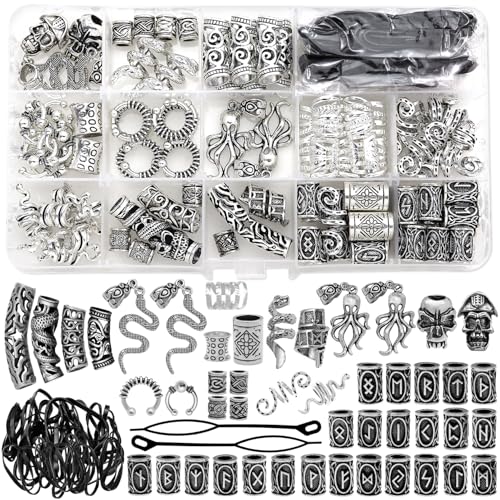 Fscwlmon 207Pcs Viking Hair Jewelry Nordic Runes Tube Beads,Accessories Kit for Braids Dreadlock Beard Locs,Metal Clips Cuff Rings,Braiding Beard Decoration Bracelets Pendant Necklace DIY Silver - Silver