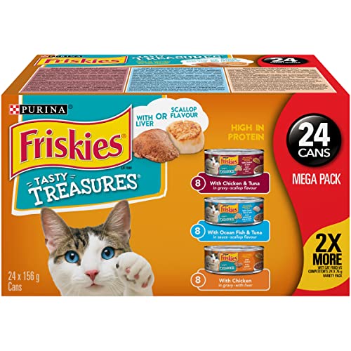 Friskies Tasty Treasures Wet Cat Food, Poultry & Fish Combo Variety Pack 3 Flavours - 156 g Can (24 Pack) - Cat Food - Liver or Scallop Flavour - 156 g (Pack of 24)