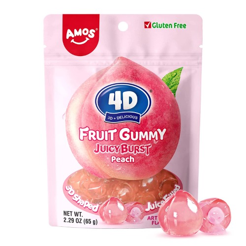 AMOS 4D Gummy Fruit Filled Candy, Fruit Snacks Juicy Burst, Peach Juice Filled Gummies, Soft and Chewy Fruit Snacks Tiny Christmas Candy 1.7 LB 2.29Oz Per Bag (12 Bags) - Peach Juice Filled
