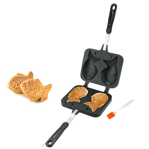 AMGSH Taiyaki Fish Shape Cake Pan Waffle Cake Maker Pan Fish-Shaped Pancake Double Pan Mold for Home Cooking with Silicone Oil Brush